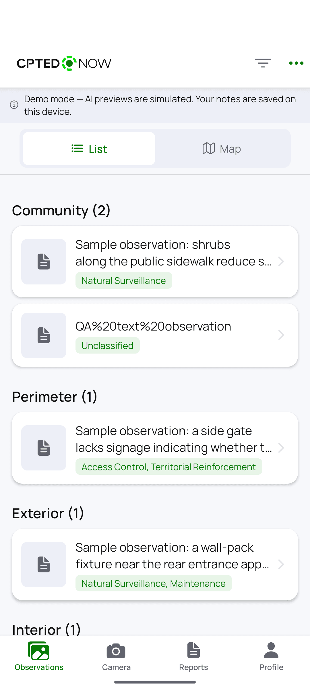 CPTED NOW Android app showing fictional demo observations organized by Community, Perimeter, Exterior, and Interior rings