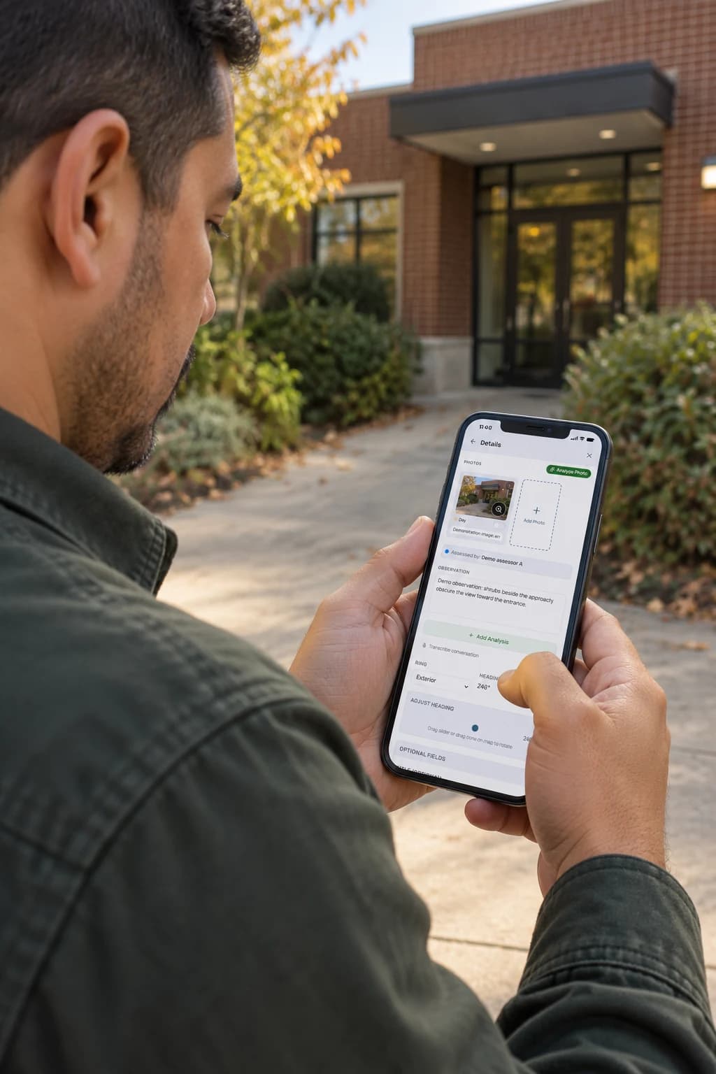 Practitioner recording an observation on a phone outside a building