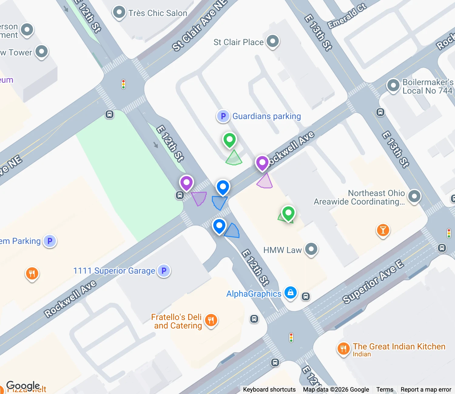 Observation map with blue, purple, and green viewpoints and Google Maps attribution